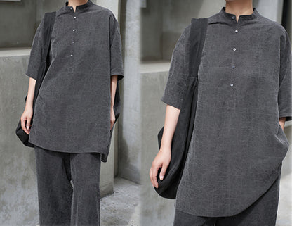 edoa Cracked Mud Silk Half Sleeves Chinese Shirt