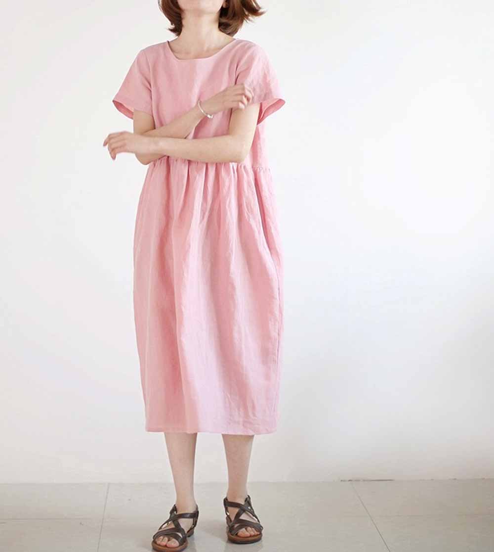 edoa Ramie Short Sleeve Loose Dress