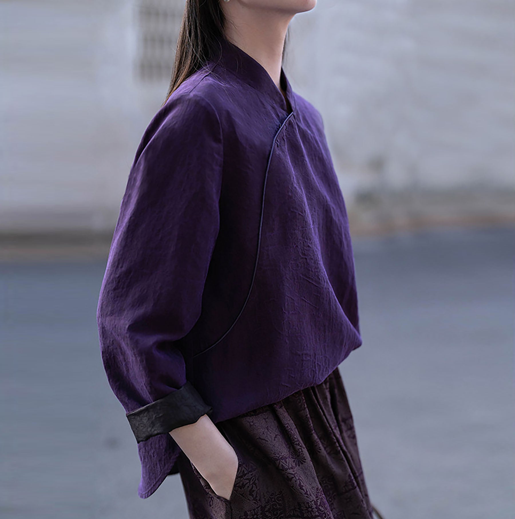 edoa Purple Cracked Mud Silk Cheongsam Top
