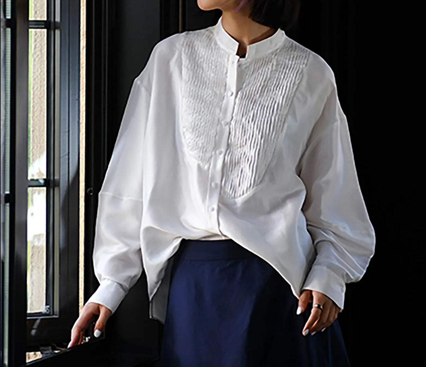 edoa White Dupioni Silk Asymmetric Pintuck Blouse