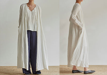 edoa Pleated French Linen 2 Way Maxi Coat Dress