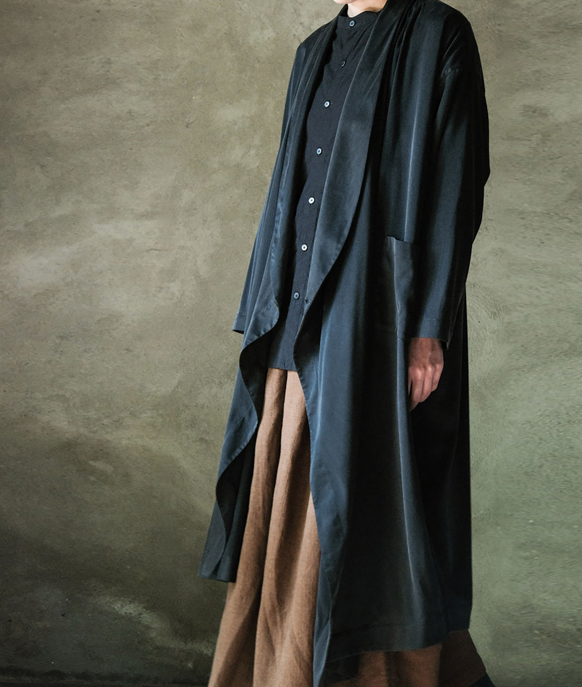 edoa Black Stone Washed Silk Charmeuse Shawl Collar Coat