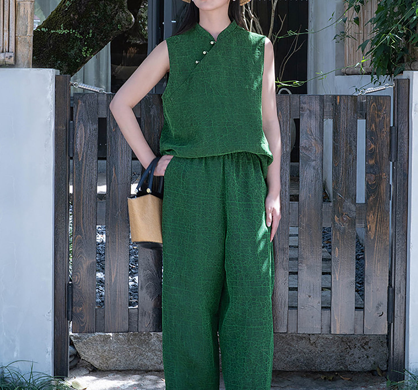 Emerald Green Cracked Mud Silk Tapered Pants pa0172 Q718