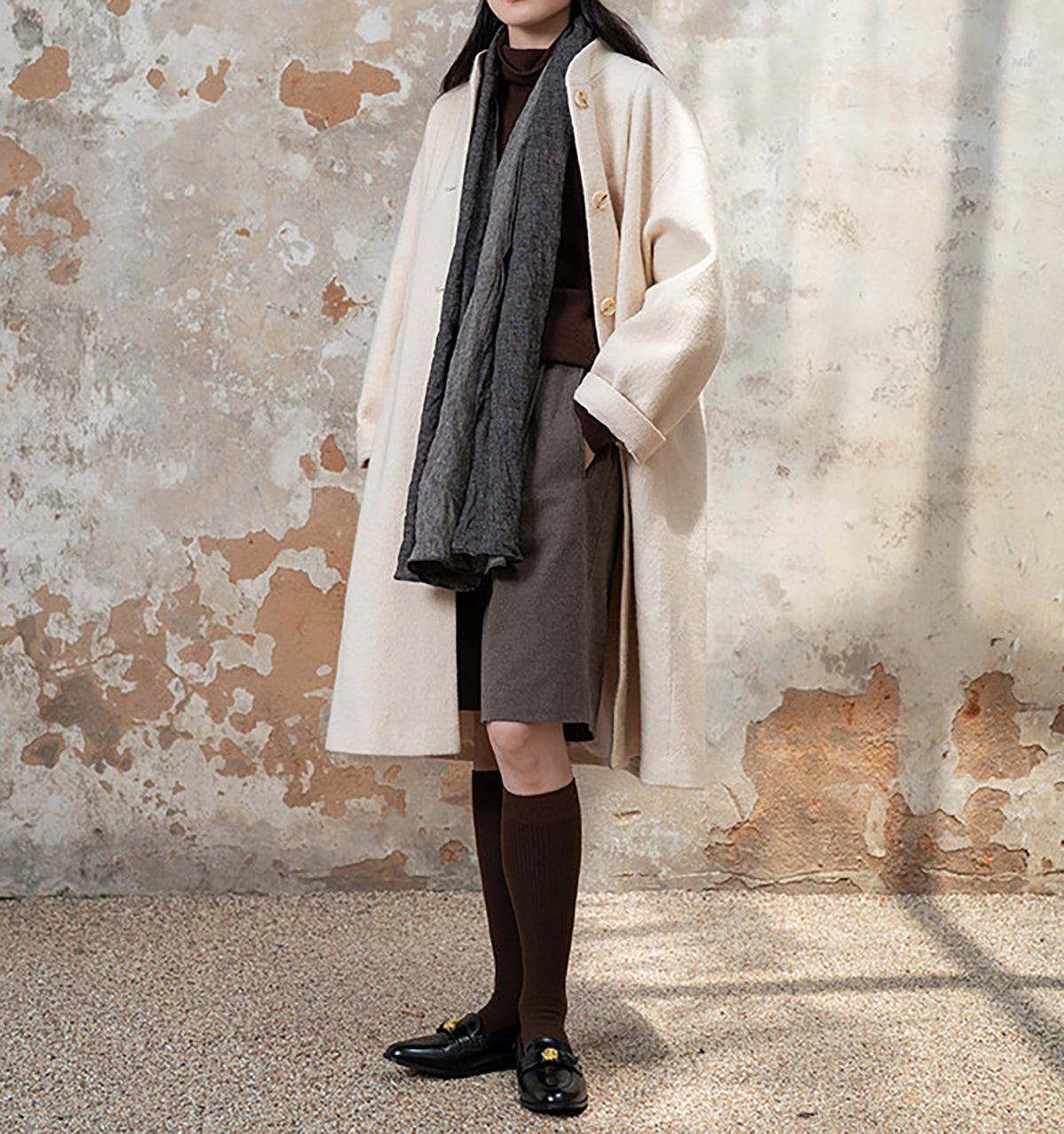 edoa White Winter Boiled Wool Chinese Coat