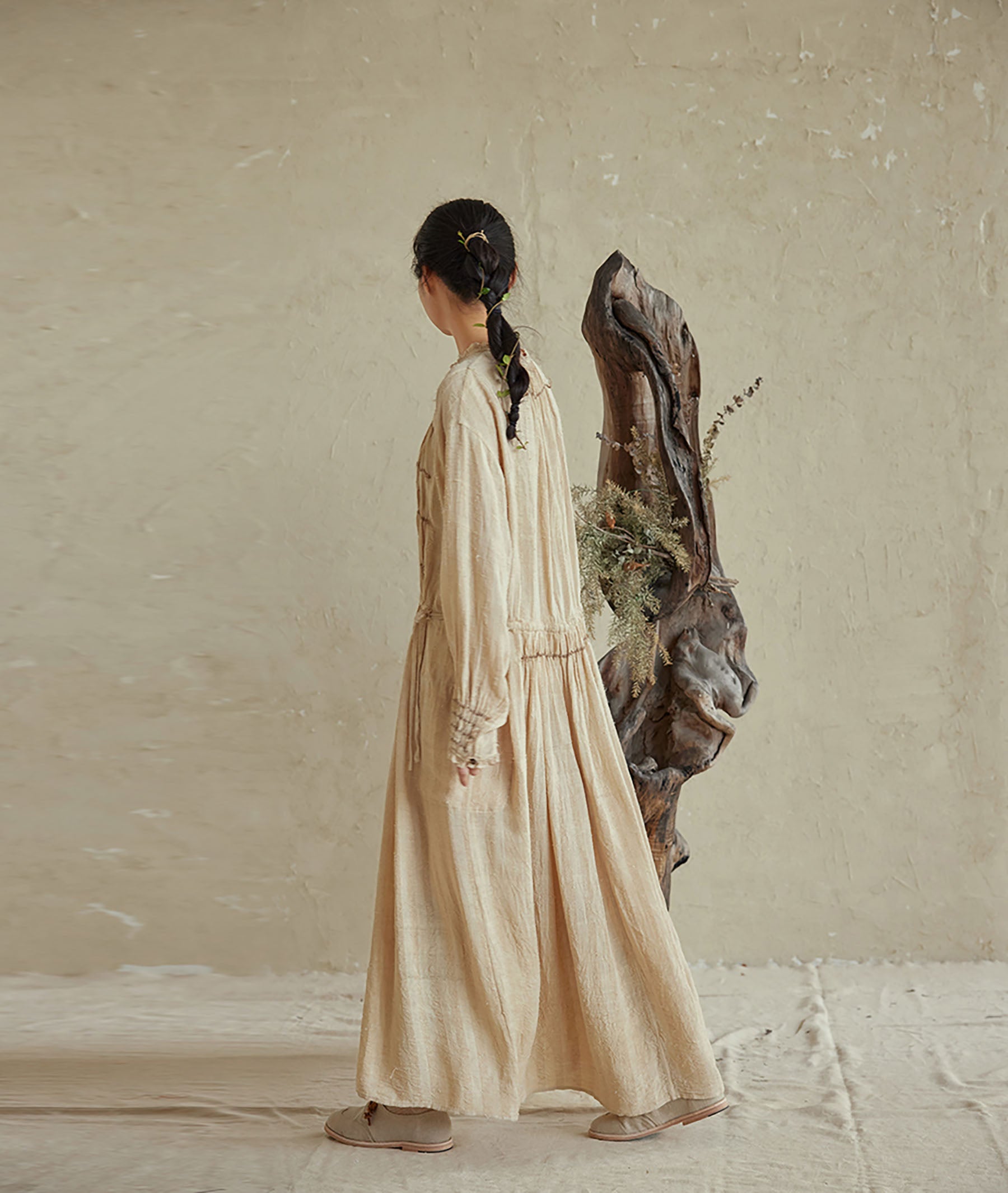 edoa Natural Raw TussaH Silk Smocking Shirt Dress