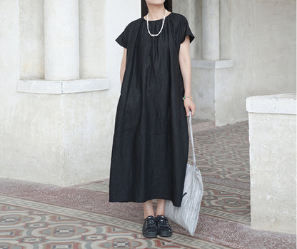edoa Loose Linen Gathered Cocoon Dress