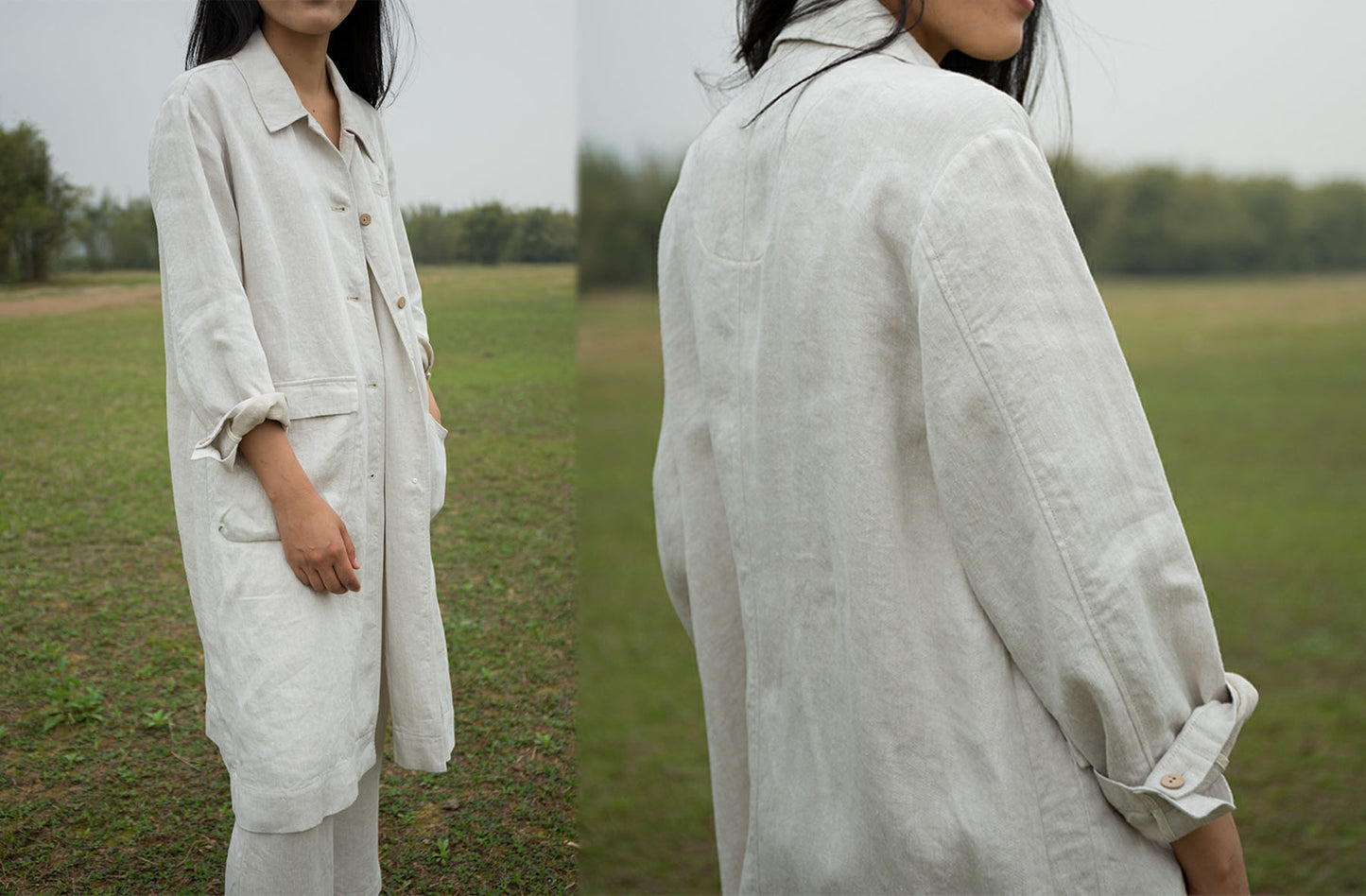 edoa Unisex Flax Linen Trench Coat