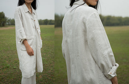 edoa Unisex Flax Linen Trench Coat