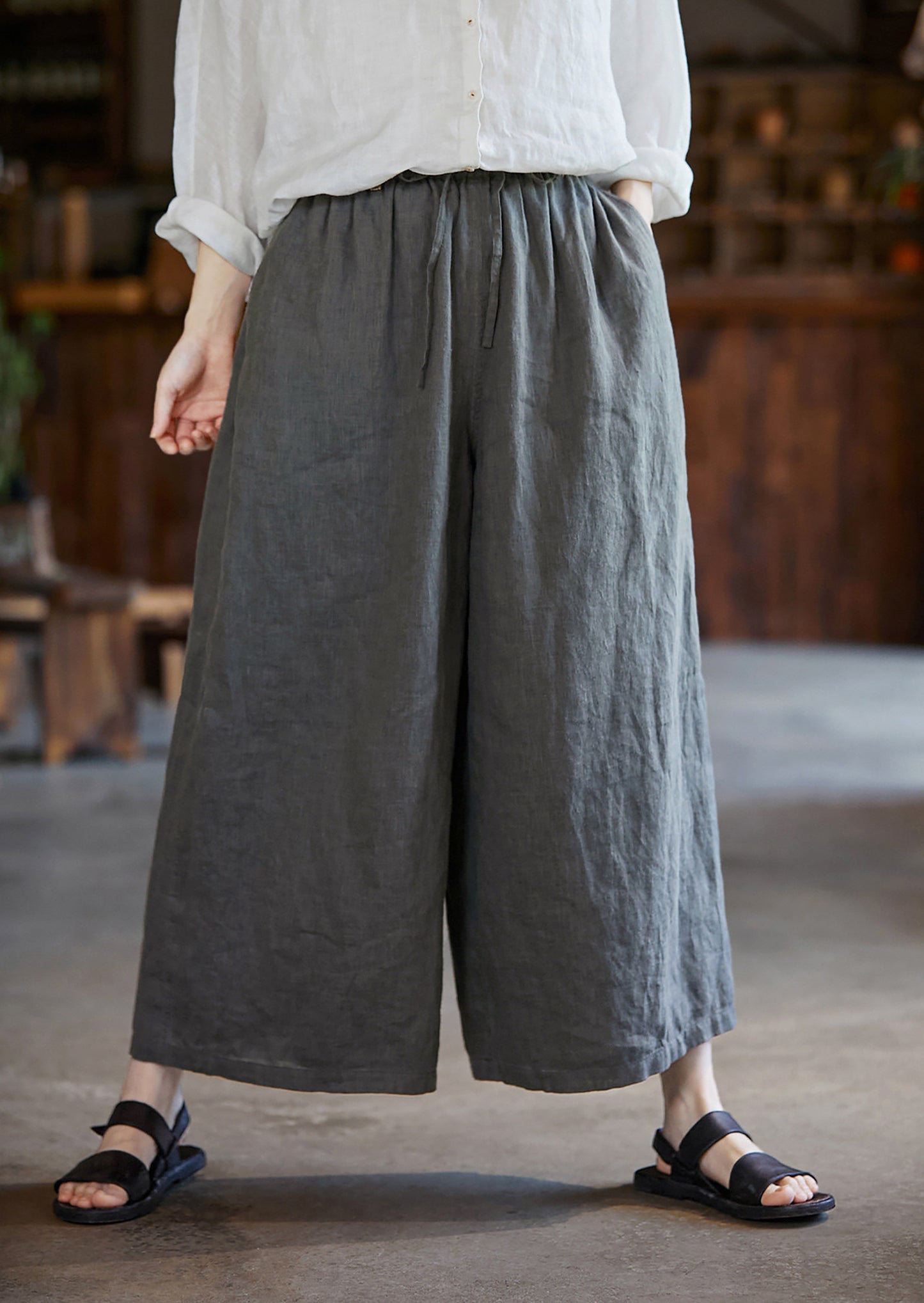 edoa Gray Linen Wide Leg Pants