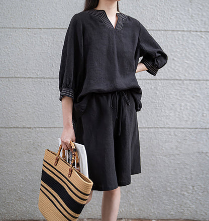 Loose Fitting Black Linen Shorts sr0004 Q713