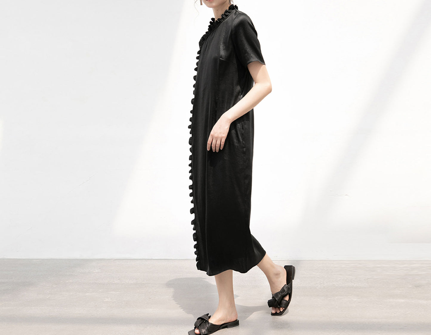 edoa Mud Silk Charmeuse Ruffle Qipao