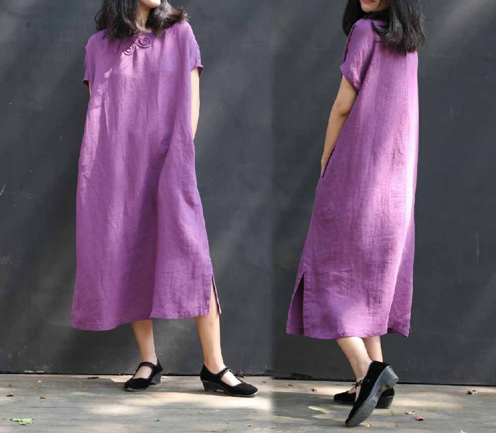 edoa Purple Ramie Dress with Chinese Knotted Butterfly Buttons