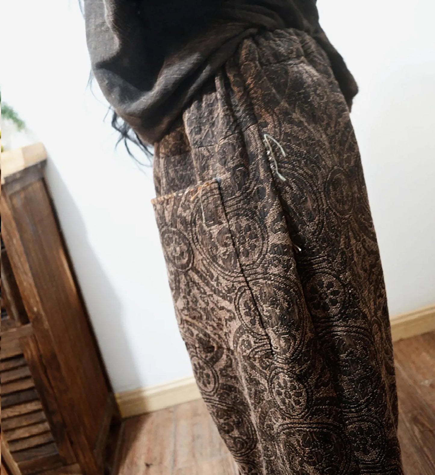 Mud Tussah Silk Jacquard Low-crotch Pants pa0123 X308
