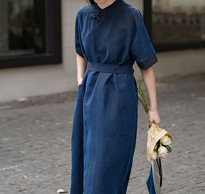 edoa Blue Cracked Mud Silk A-line Dress 