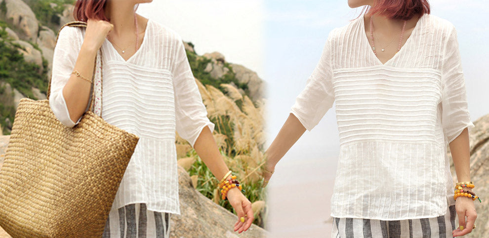 edoa Hand Pintucked V-neck Ramie Blouse