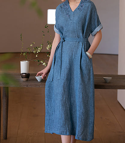 edoa Hand Embroidered Tie Dyed Ramie V-neck Kaftan Dress