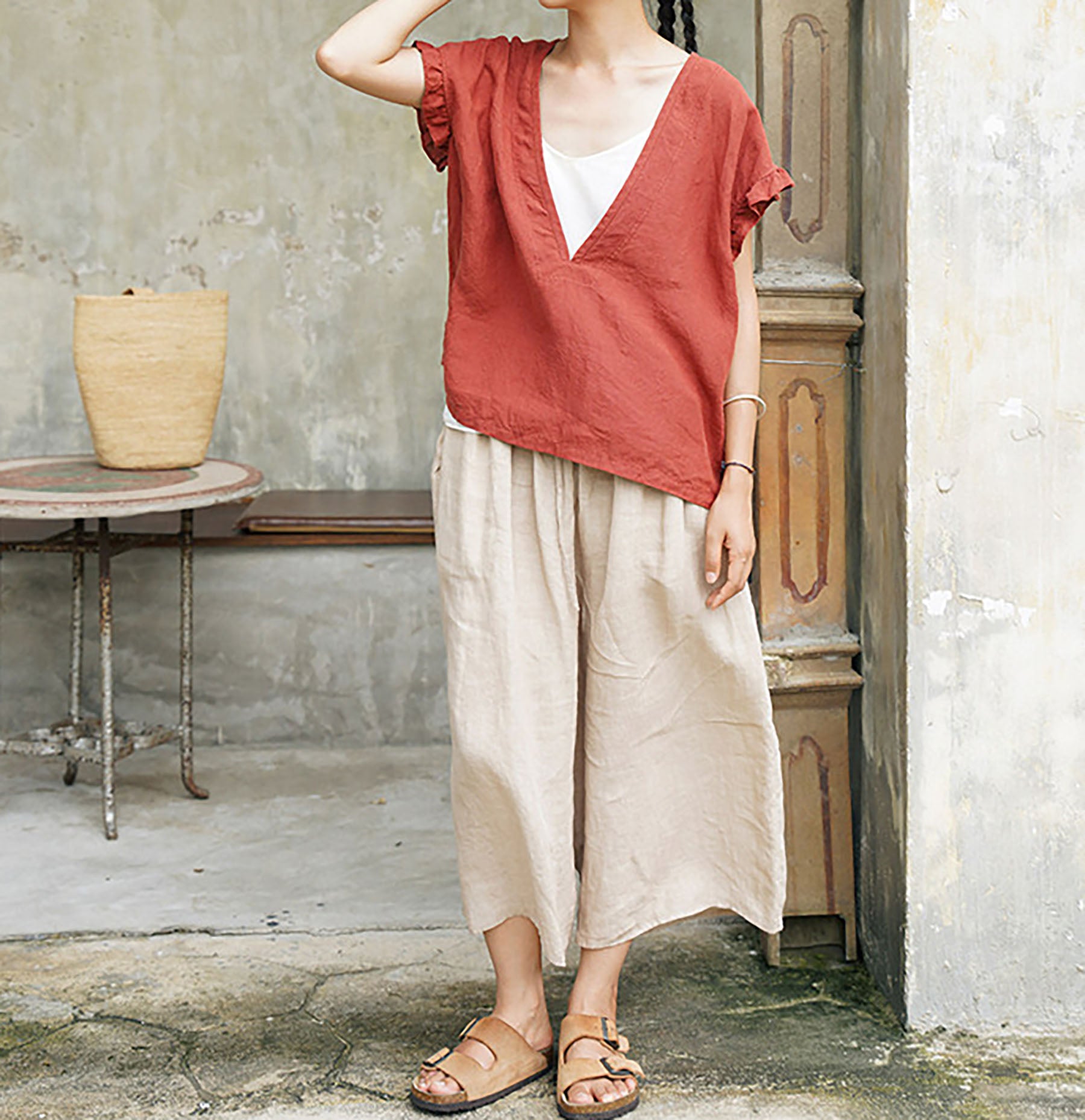 edoa Deep V-neck Washed Linen Pullover Top with Ruffled Sleeves