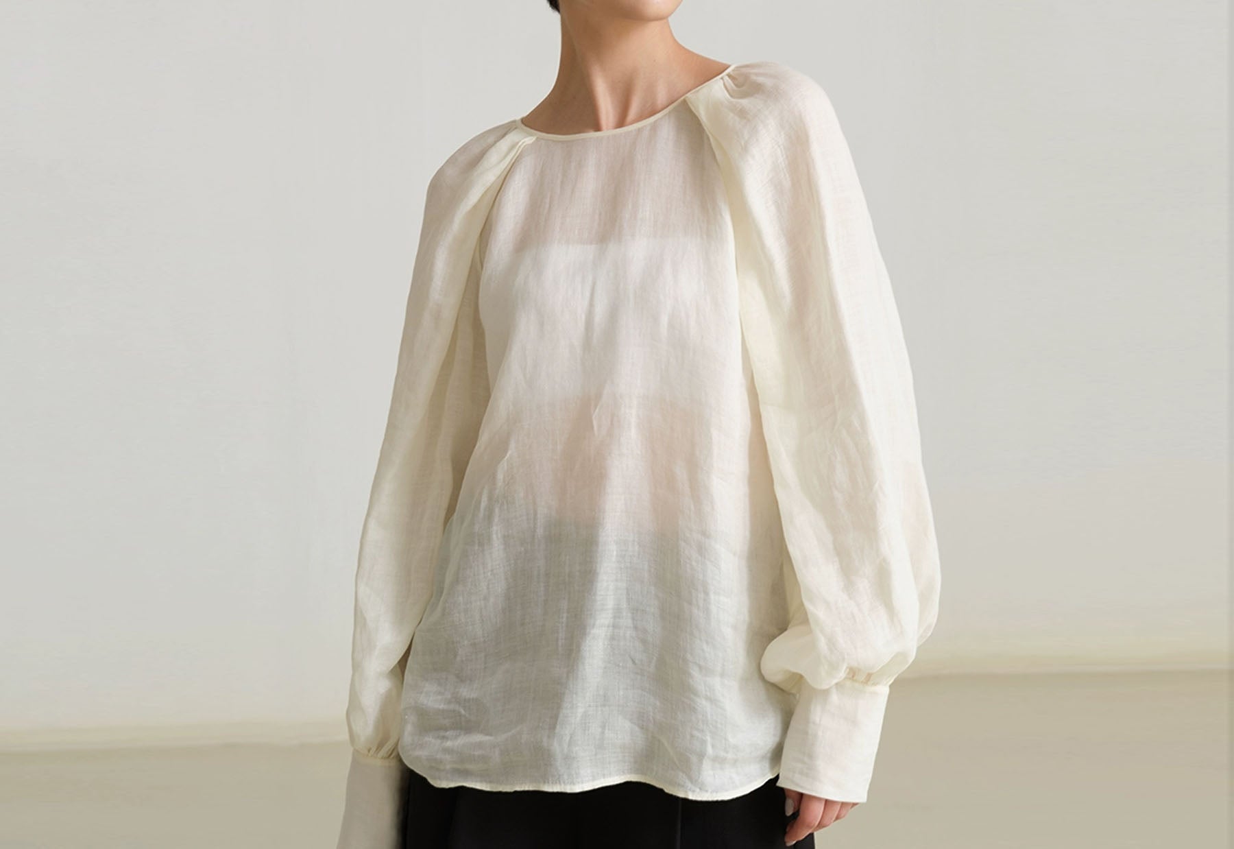 edoa Ramie Pleated Long Lantern Sleeve Blouse