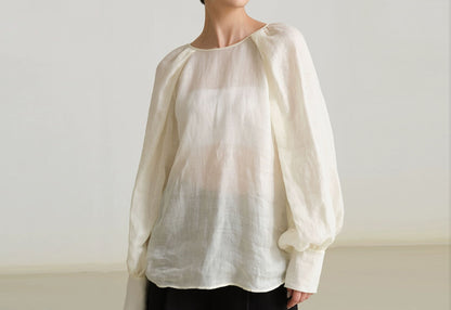 edoa Ramie Pleated Long Lantern Sleeve Blouse
