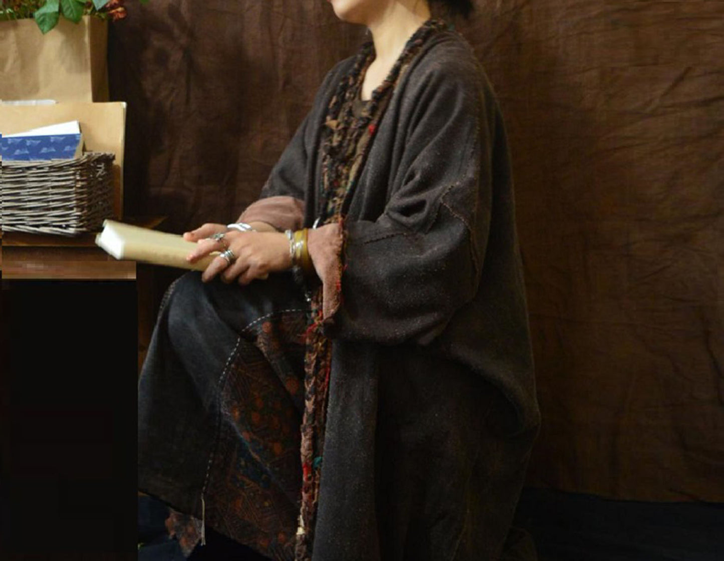 edoa Loose Fitting Mud Tussah Silk Jacquard Cardigan Coat 