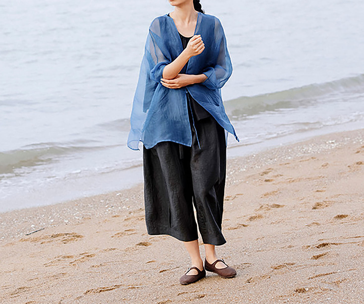 edoa Indigo Blue Mulberry Silk Organza Jacket 