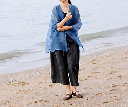 edoa Indigo Blue Mulberry Silk Organza Jacket 