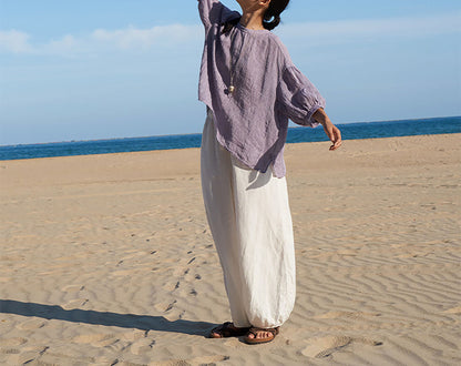 edoa White Linen Balloon Silhouette Trousers 