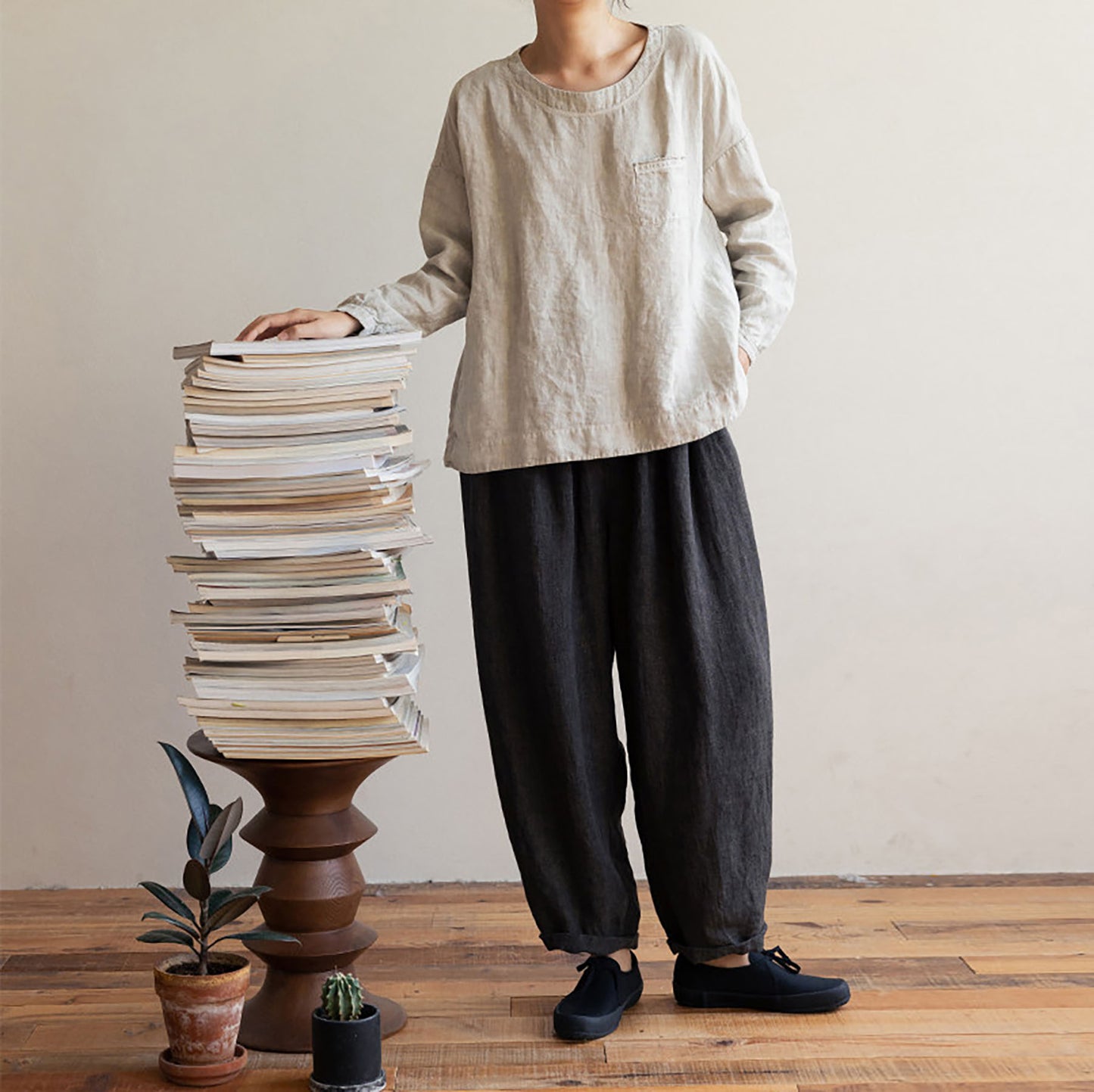 edoa Loose Fit Linen Long Sleeve Pullover Shirt 