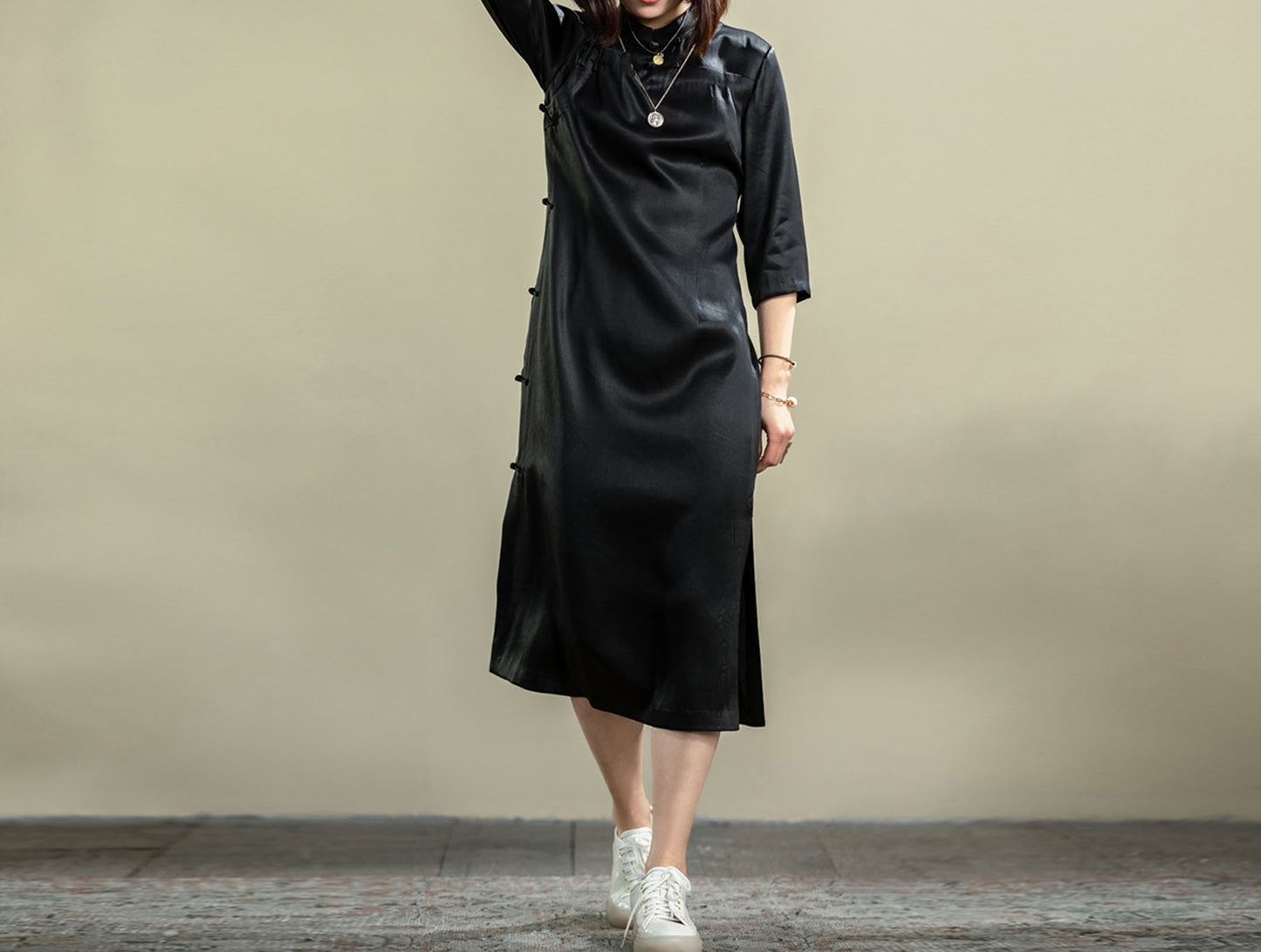 edoa Vintage Mud Silk Satin Qipao Dress