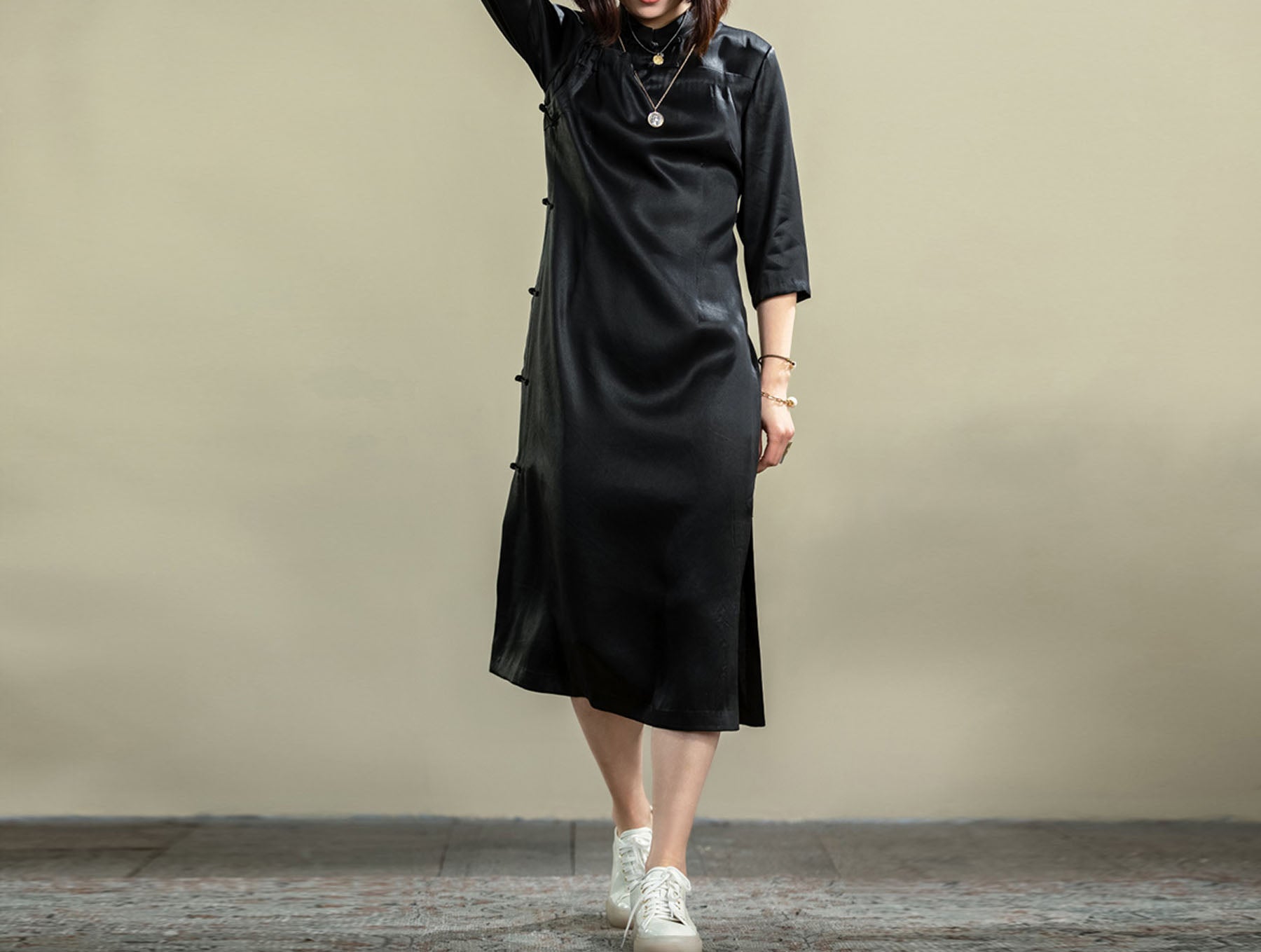 edoa Vintage Mud Silk Satin Qipao Dress