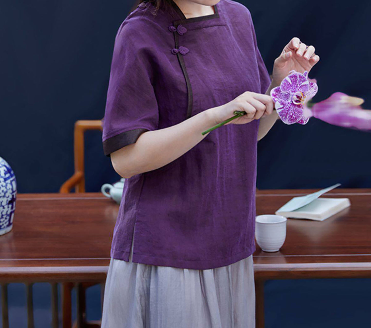 edoa Purple Cracked Mud Silk Chinese Blouse
