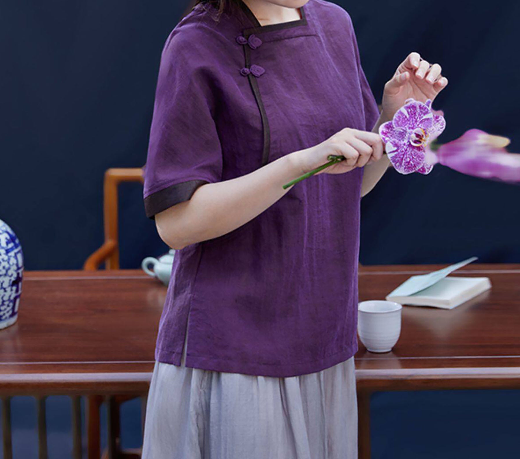 edoa Purple Cracked Mud Silk Chinese Blouse