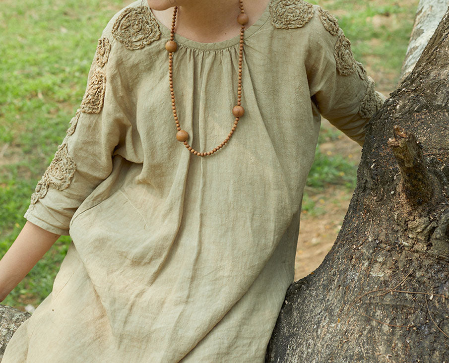 edoa Yarn Dyed Linen Tunic Dress with Handmade Tape embroidery