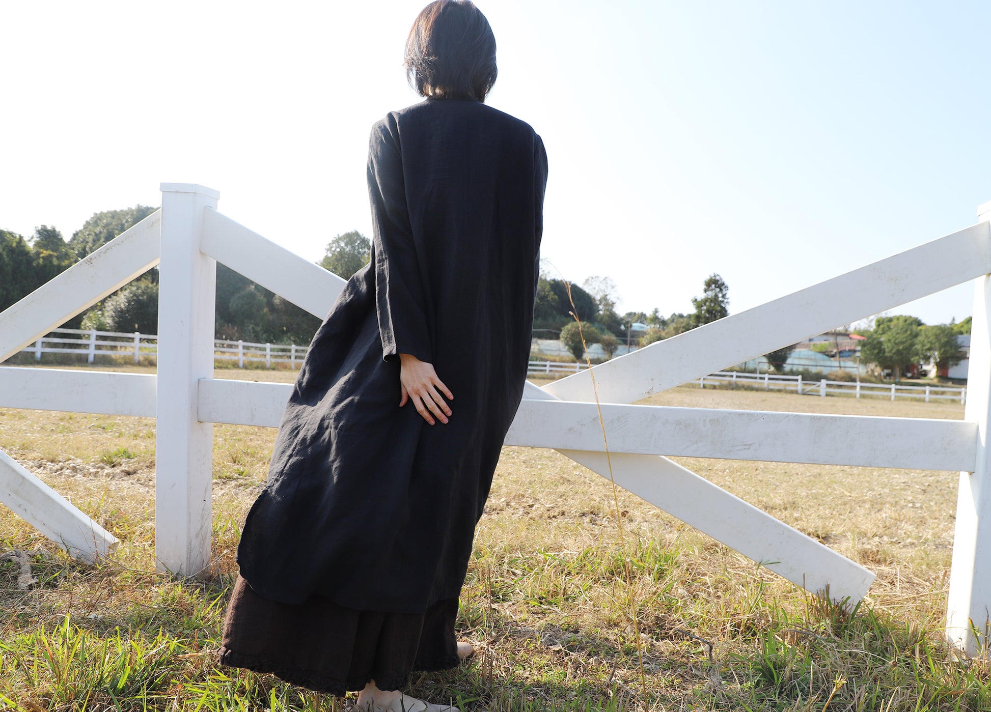 edoa Loose Black Linen Wrap Qipao Dress