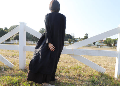 edoa Loose Black Linen Wrap Qipao Dress