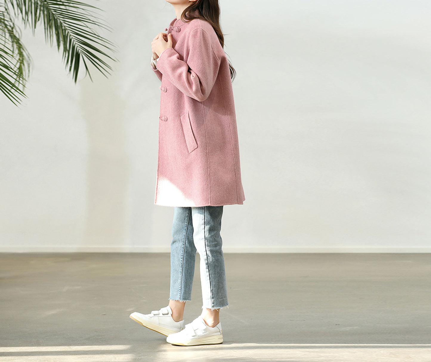edoa Pink Double-faced Wool Chinese Coat 