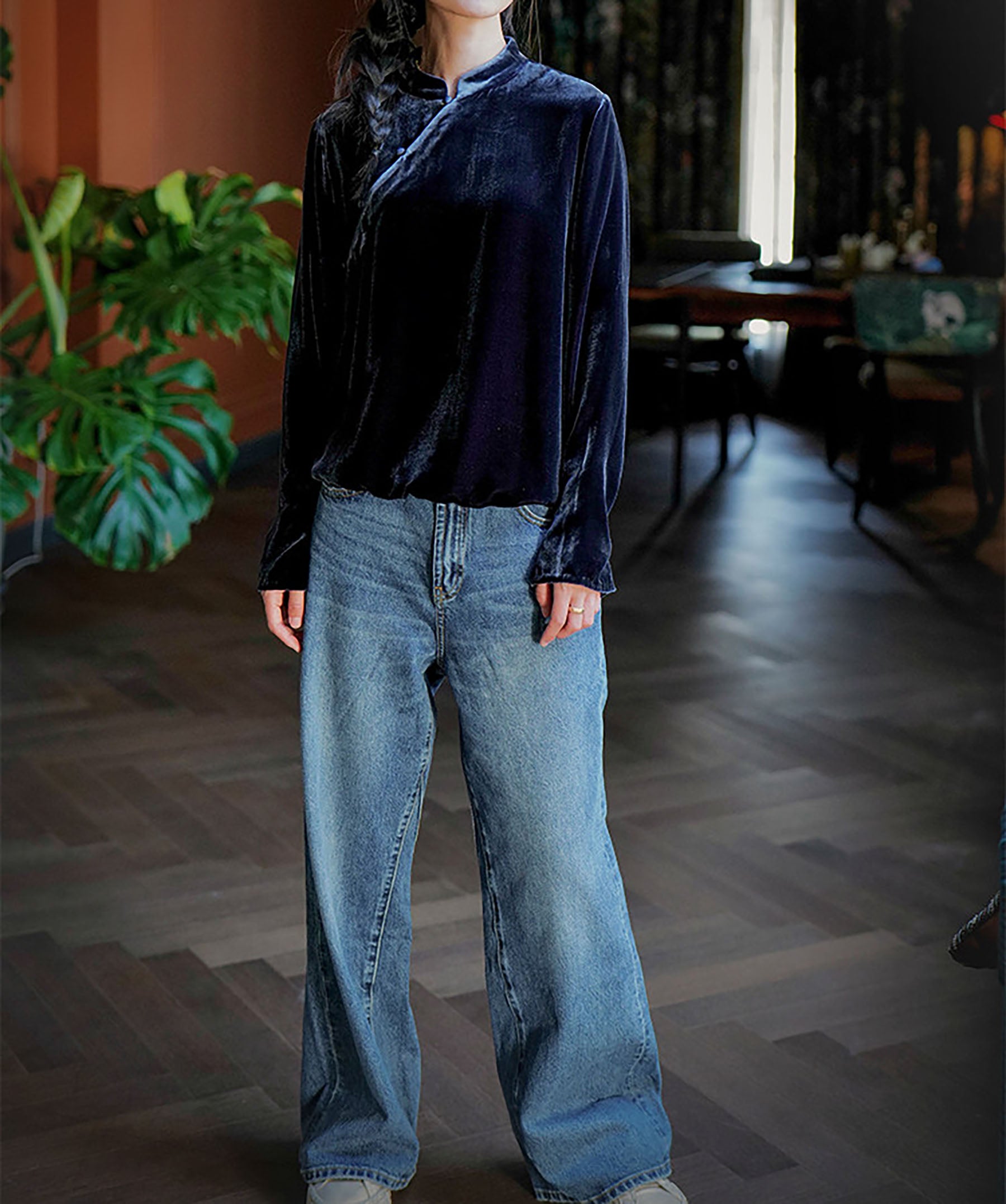 edoa Silk Velvet Chinese Blouse