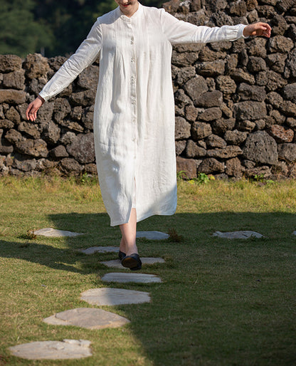 edoa Long Sleeve Pleated Linen Shirtdress