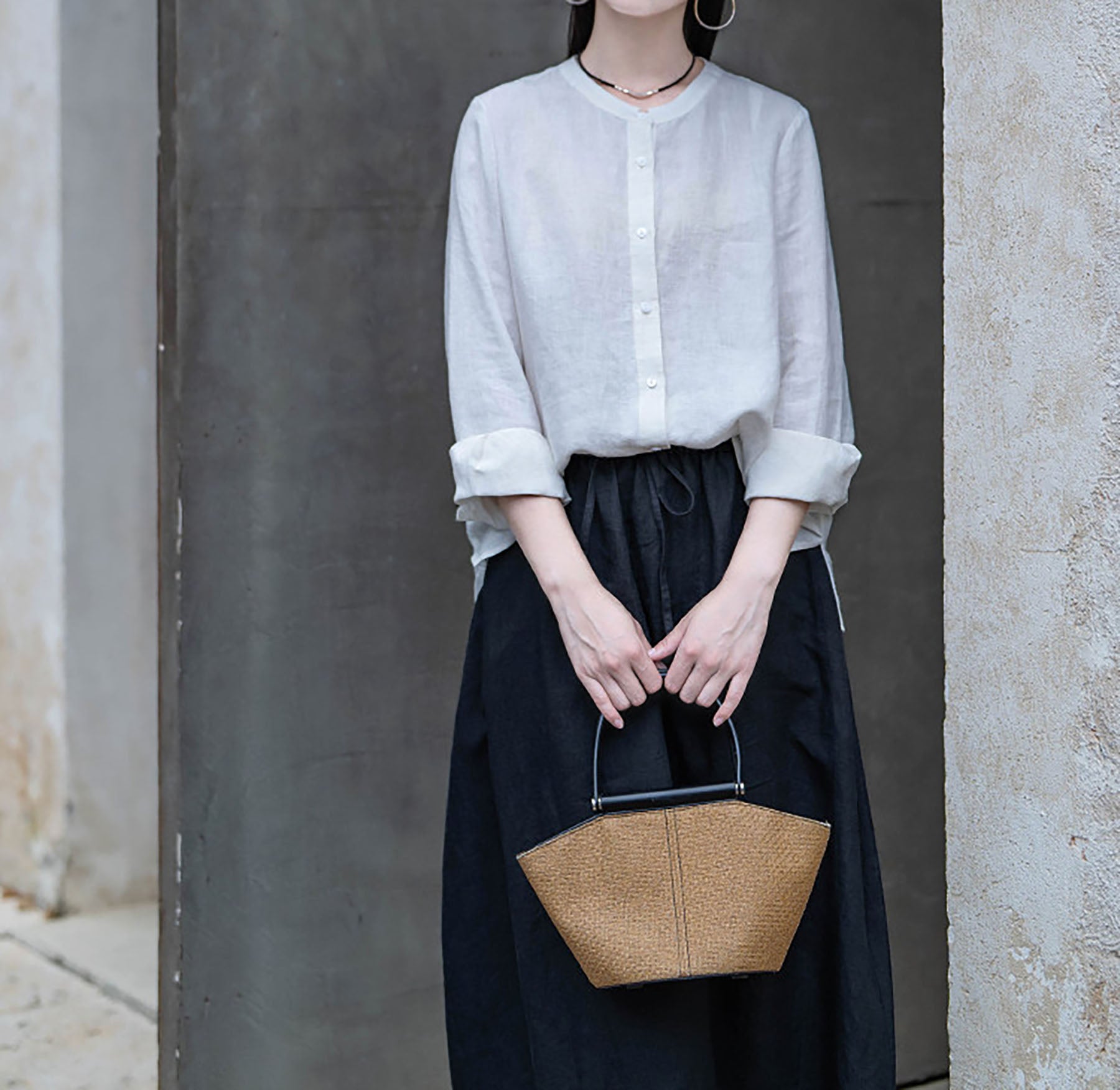 edoa White Linen Button Down Chinese Blouse