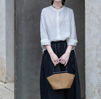 edoa White Linen Button Down Chinese Blouse