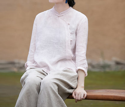 edoa Pink Linen Chinese Qipao Blouse