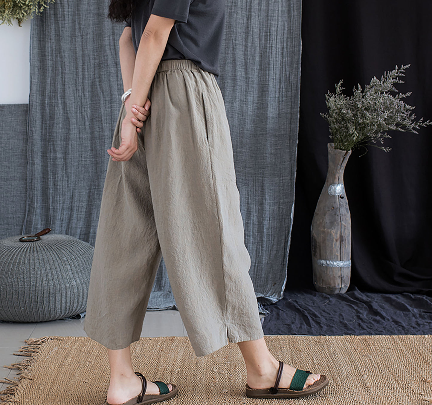 edoa Yarn Dyed French Linen Wide Pants