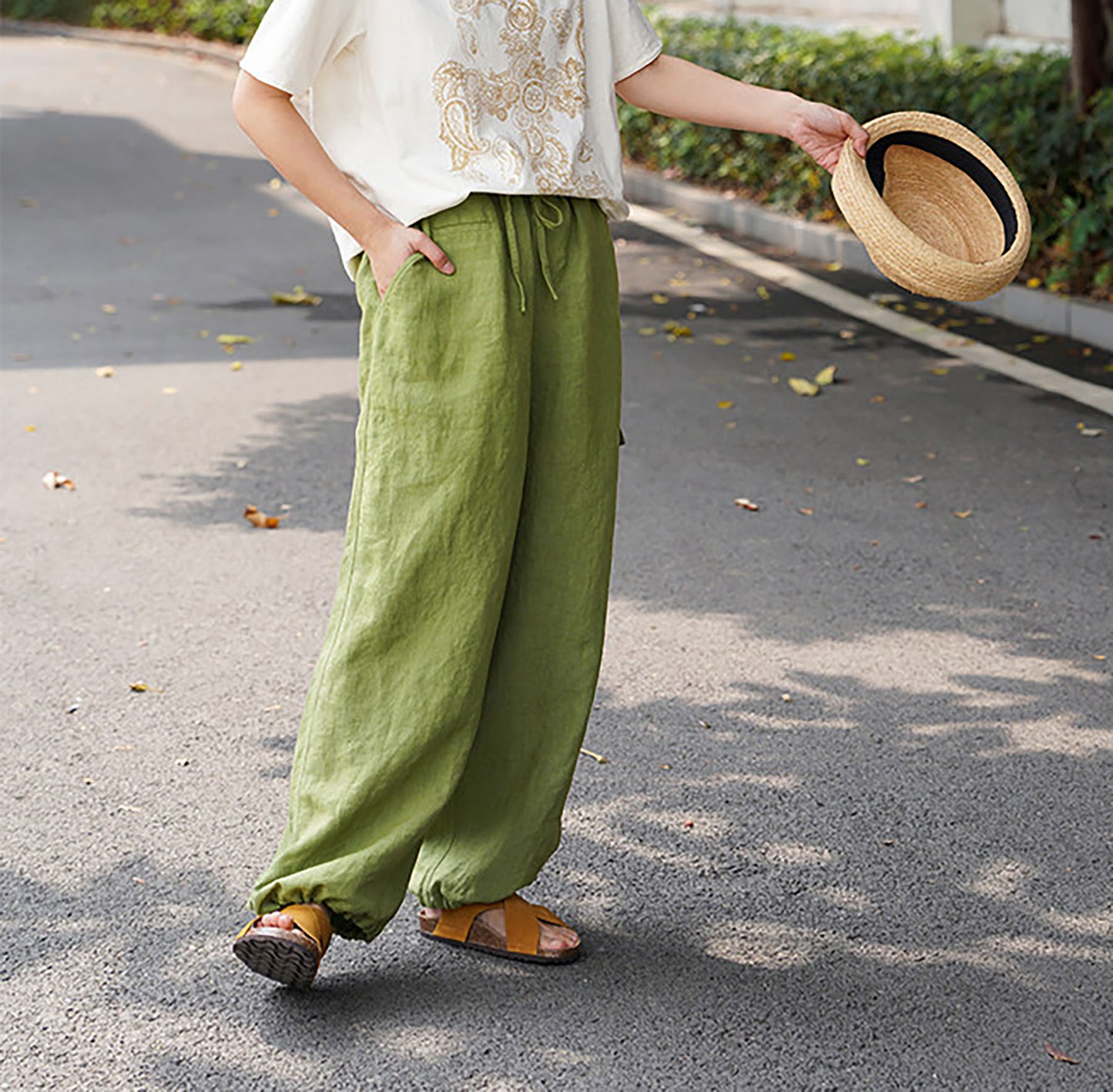 edoa Green Linen Elasticated Drawstring Waist Wide-leg Work Pants