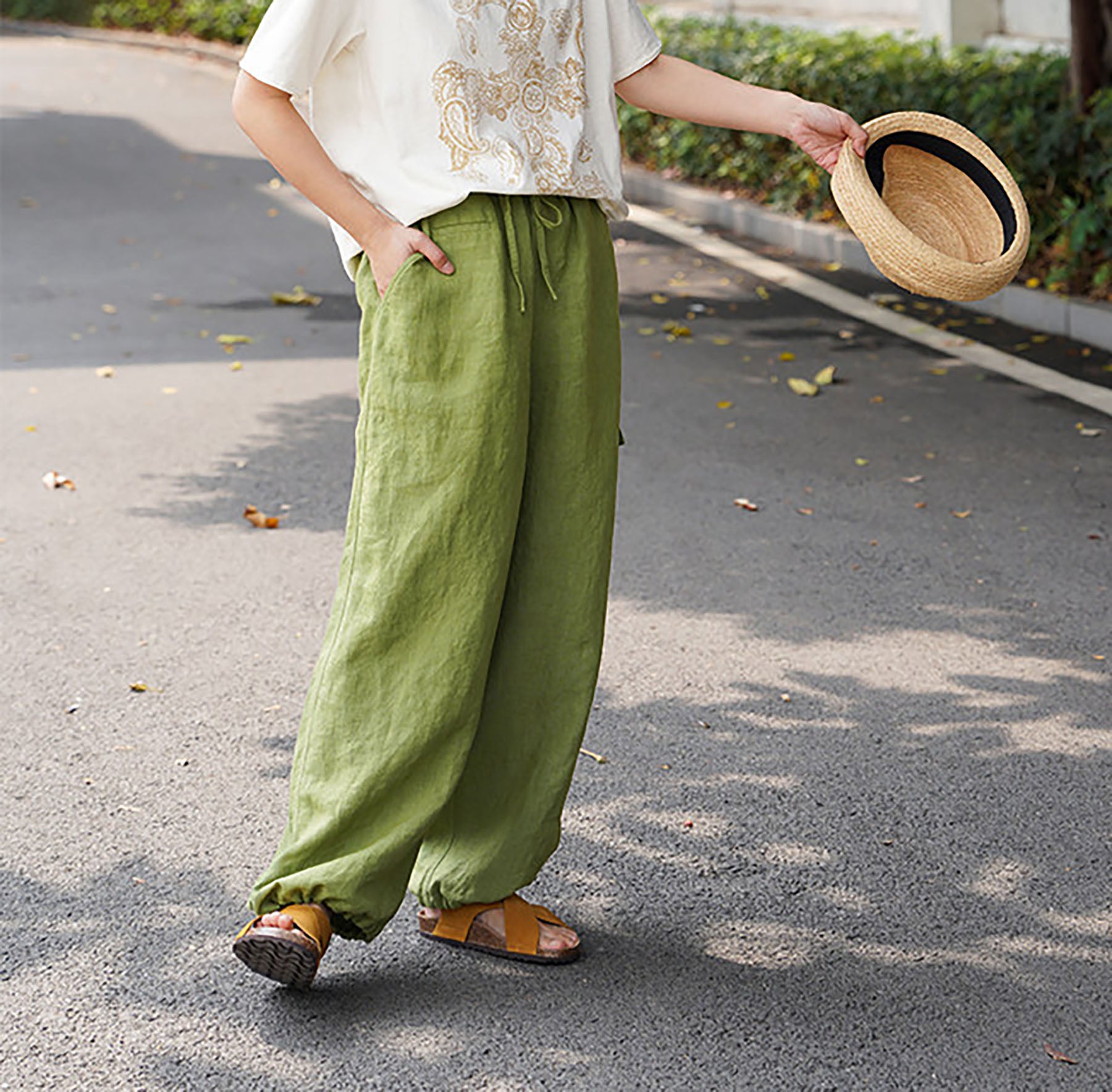 edoa Green Linen Elasticated Drawstring Waist Wide-leg Work Pants