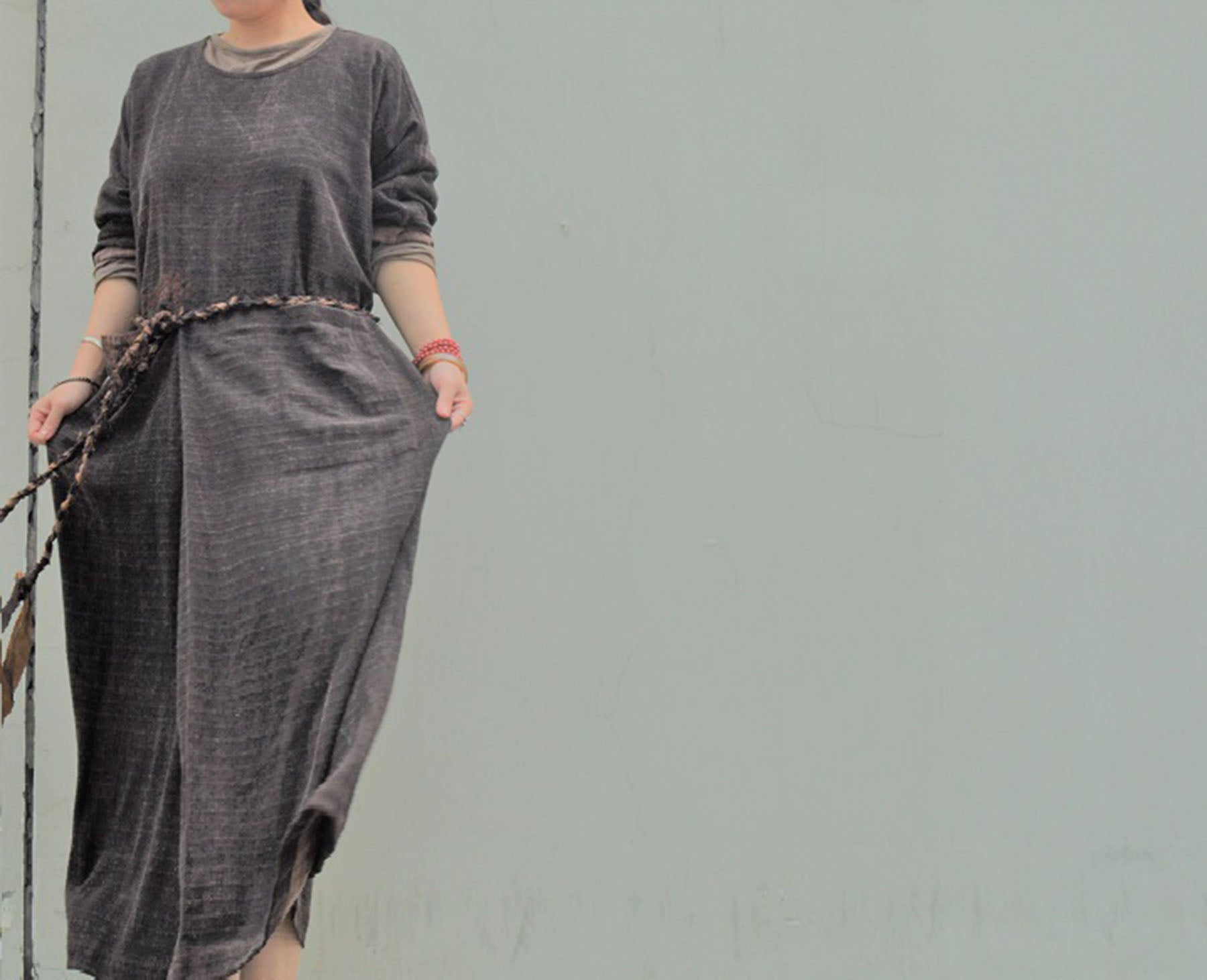 edoa Mud Tussah Silk Jacquard Loose Fitting Long Dress
