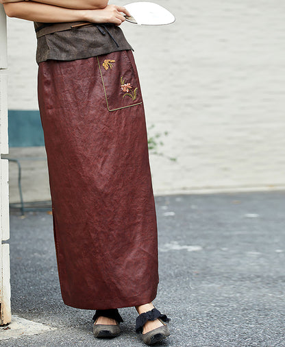 edoa New Chinese Style Cracked Mud Silk Habotai Straight Midi Skirt with Hand Embroidery