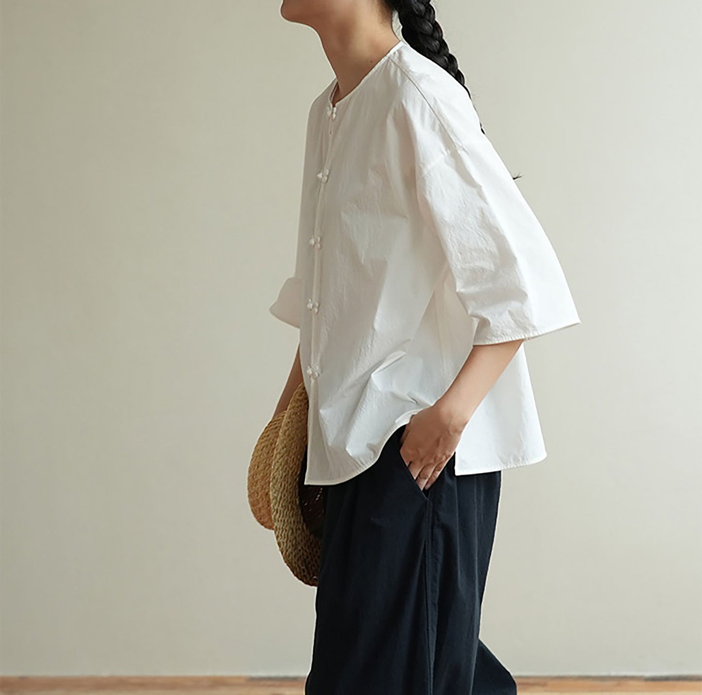 edoa 3/4 Sleeves Paper Cotton Round Neck Chinese Shirt 