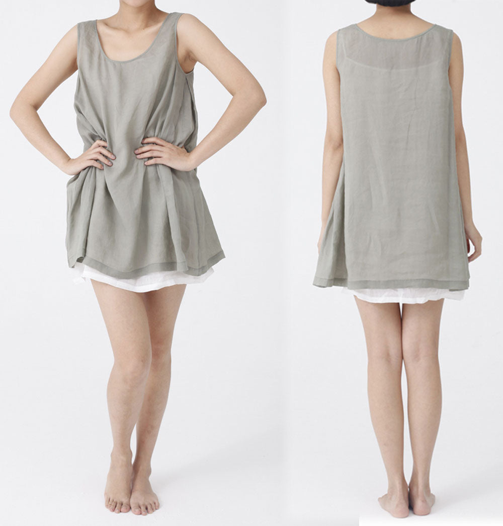 edoa Thin Ramie Trapeze Tank Top with Box Pleated Underarm