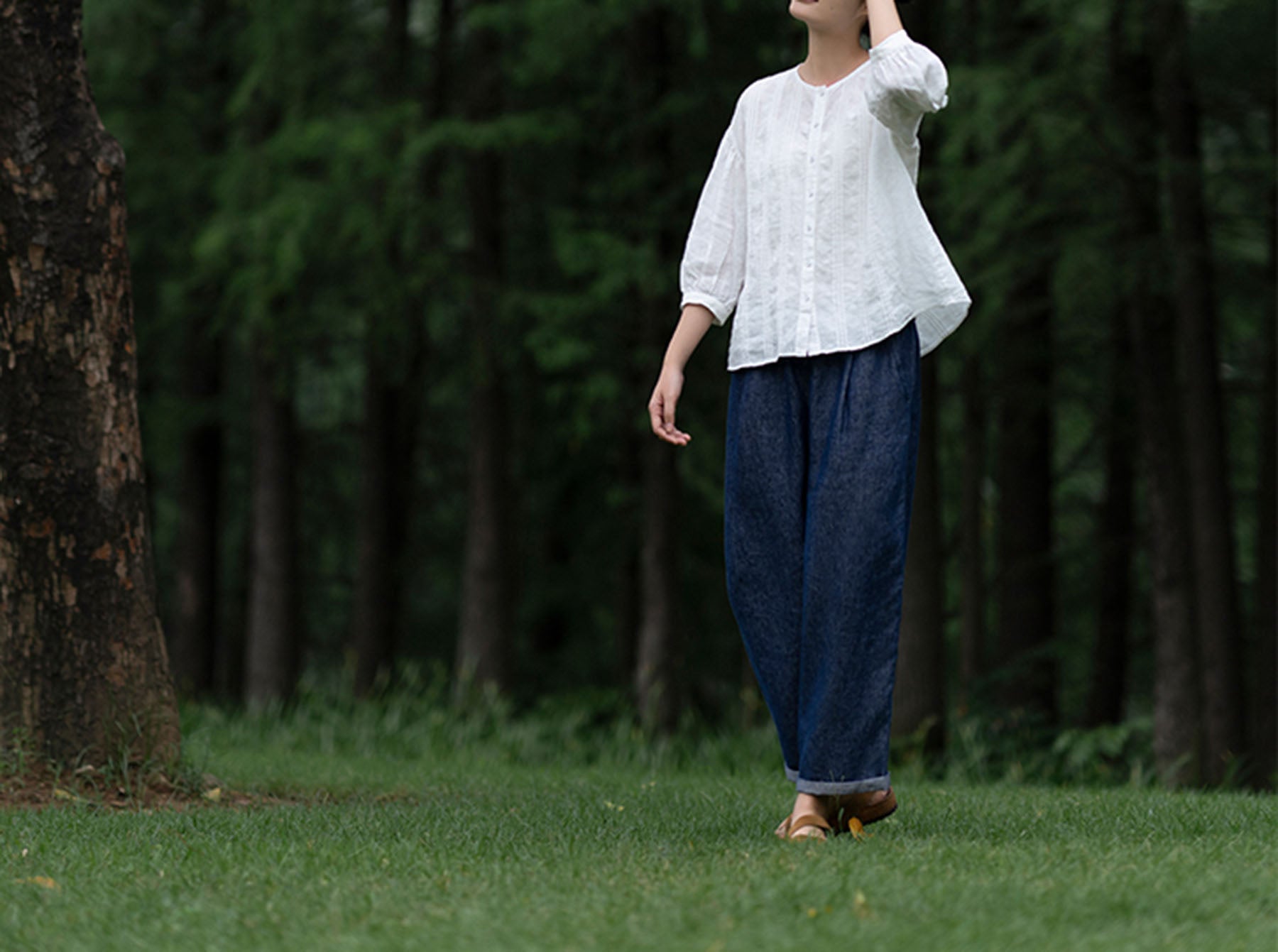 edoa Thin Linen Vertical Pin Tucks Blouse