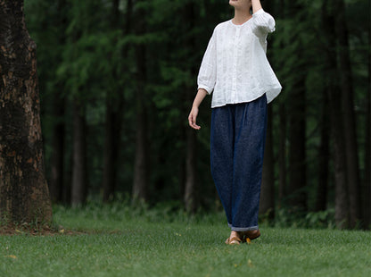 edoa Thin Linen Vertical Pin Tucks Blouse